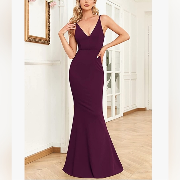 BUPT Womens V Neck Dress Sleeveless Elegant Bodycon Mermaid Long Maxi Dress - Picture 3 of 9